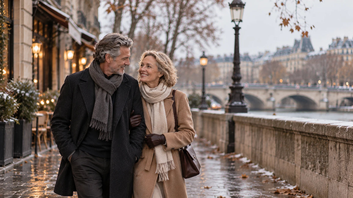 Couple élégant se promenant sur les quais de la Seine en hiver, manteau noir et manteau camel