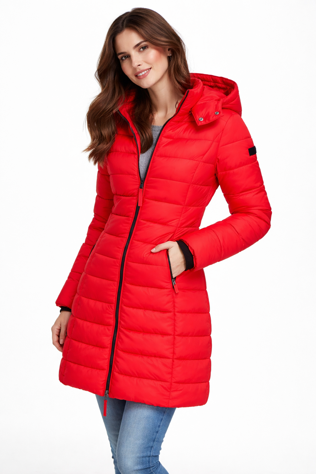 Doudoune à capuche femme zippée - Rouge