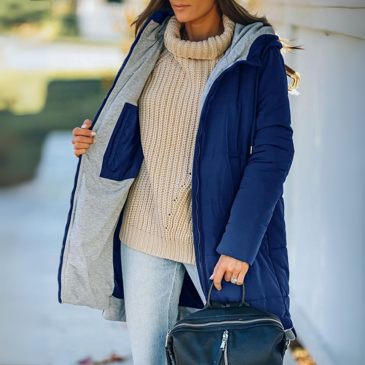 Doudoune Femme à Capuche Chaude Matelassée - Bleu