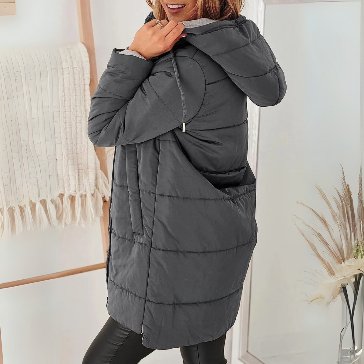 Doudoune Femme à Capuche Chaude Matelassée - Gris Foncé