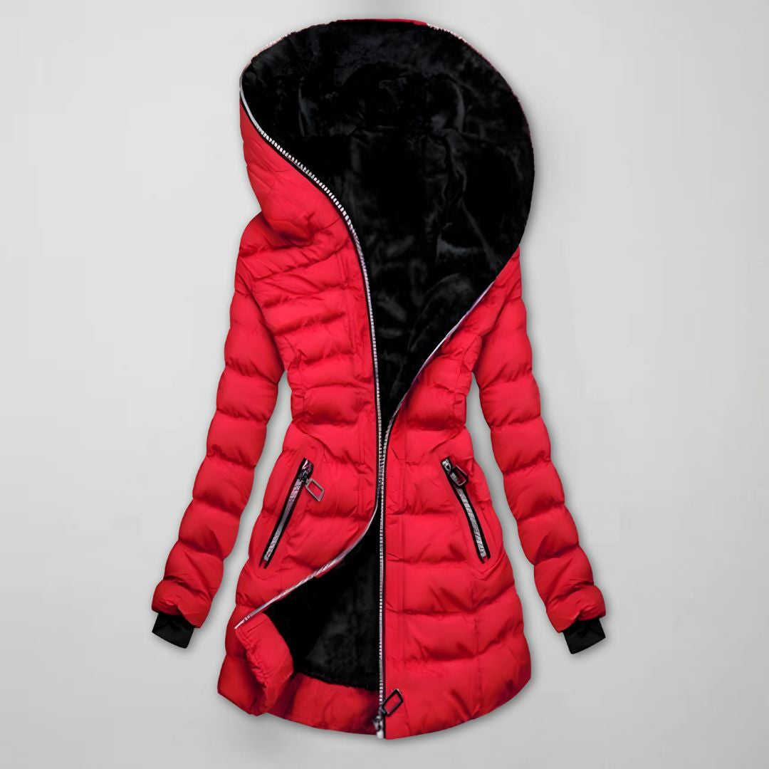 Doudoune longue femme à capuche matelassée - Rouge