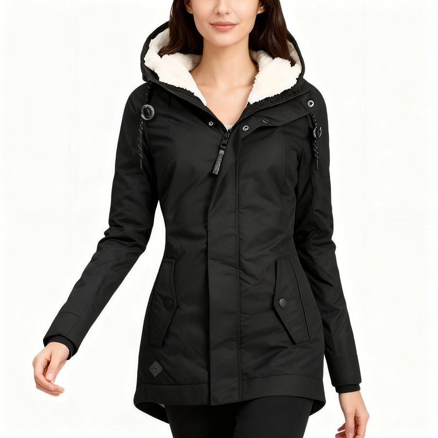Doudoune Longue Femme Capuche Doublée Sherpa Taille Ajustée Chaude