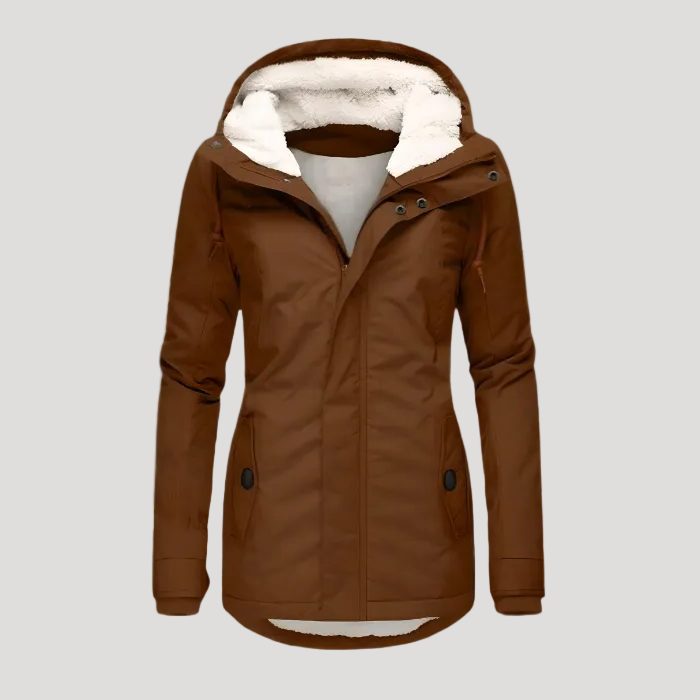 Doudoune longue femme à capuche doublée sherpa - Kaki