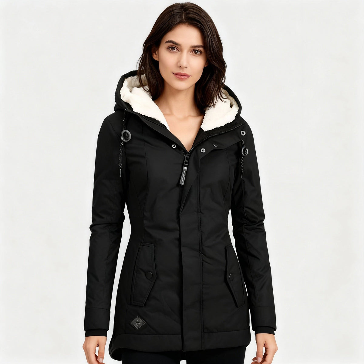 Doudoune longue femme à capuche doublée sherpa - Noir