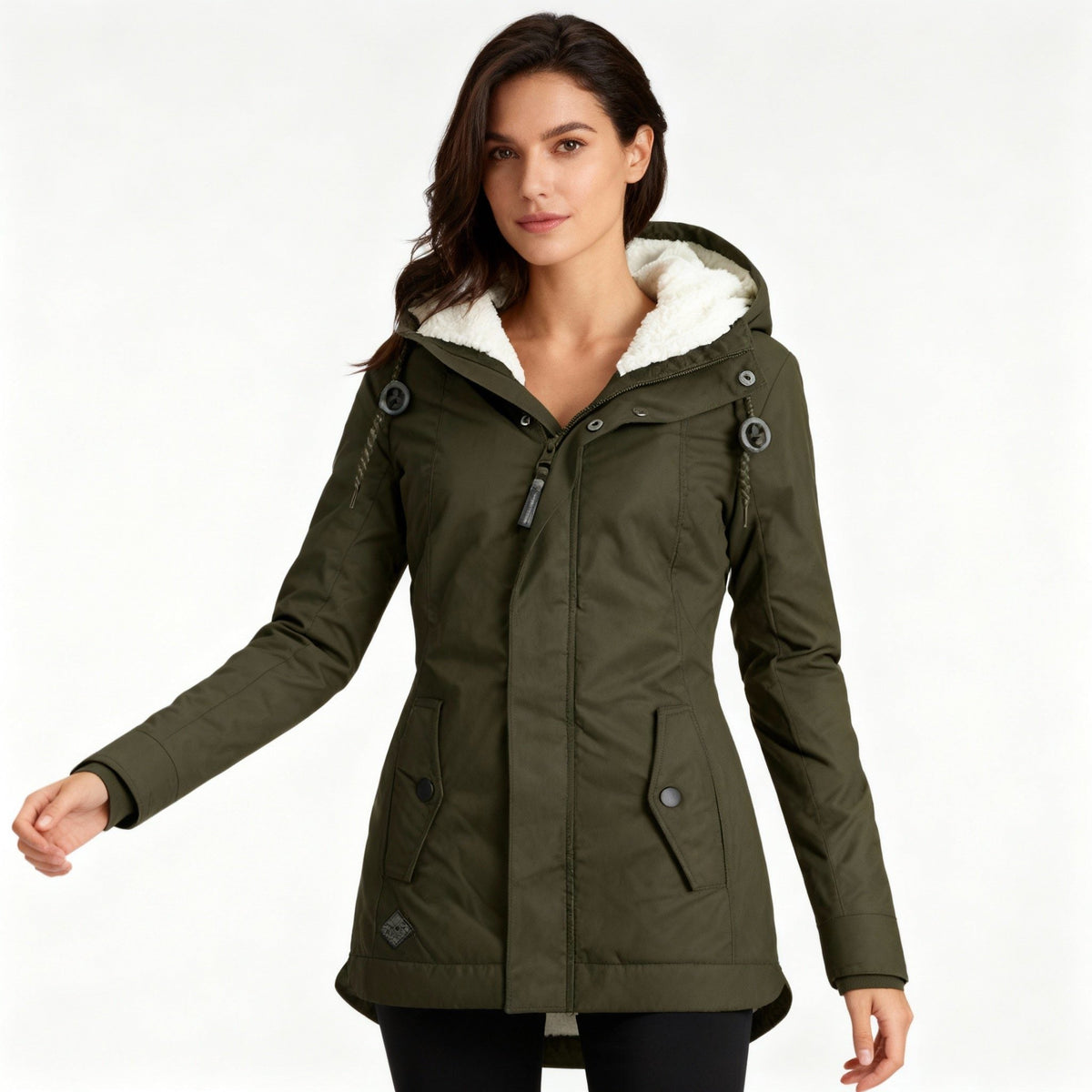 Doudoune longue femme à capuche doublée sherpa - Vert