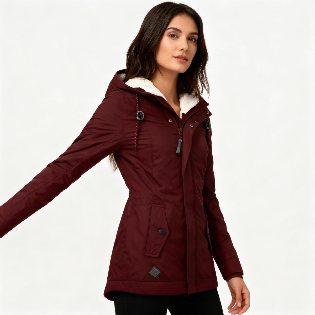Doudoune longue femme à capuche doublée sherpa - Rouge