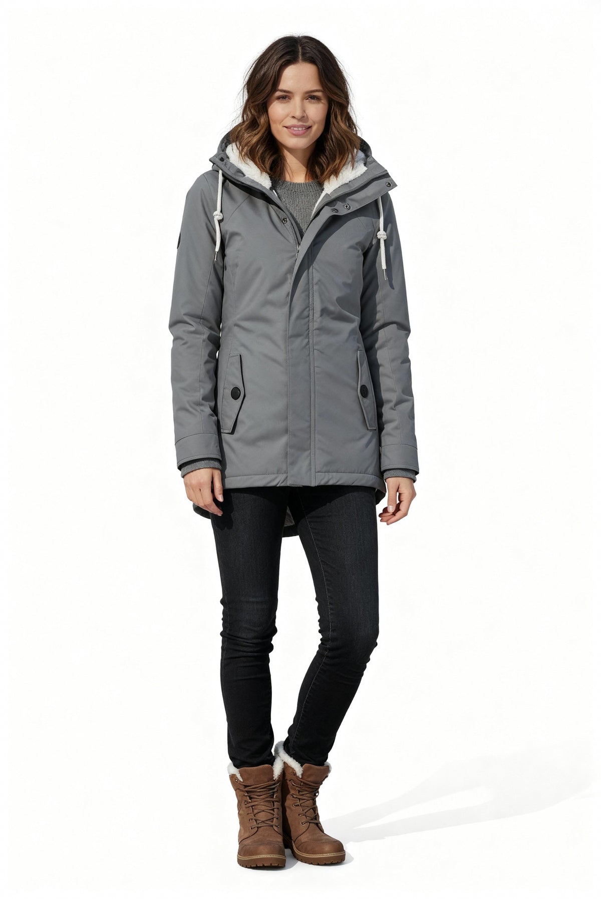Doudoune longue femme à capuche doublée sherpa - Gris
