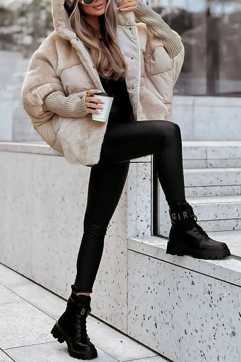 Doudoune oversize femme effet mouton matelassée à capuche