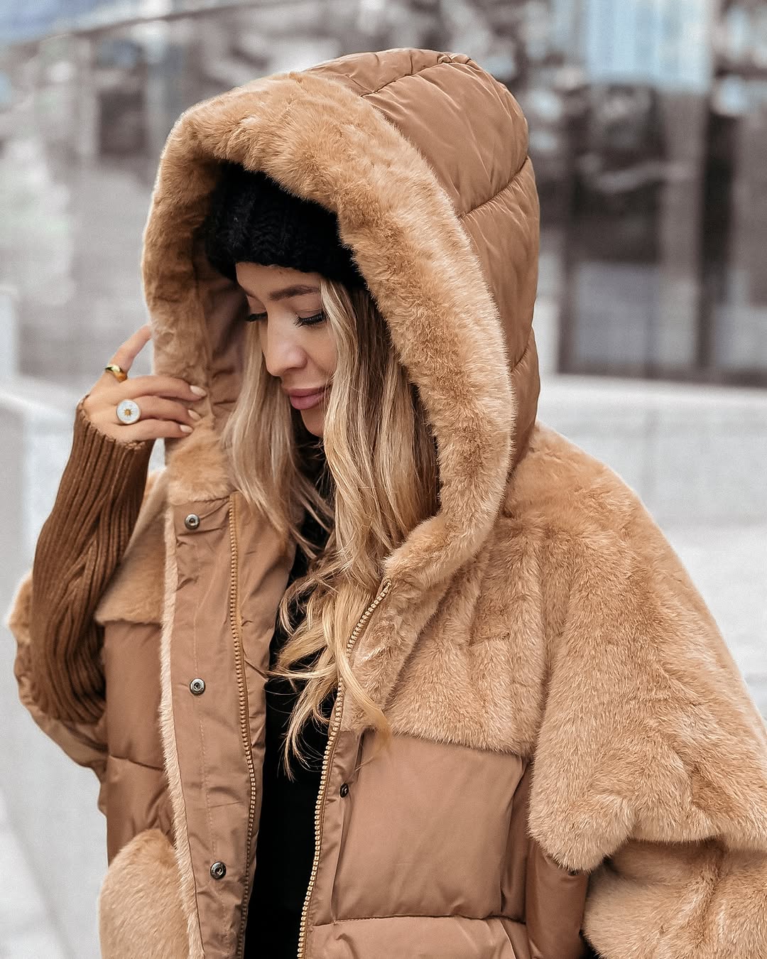 Doudoune oversize femme effet mouton matelassée à capuche