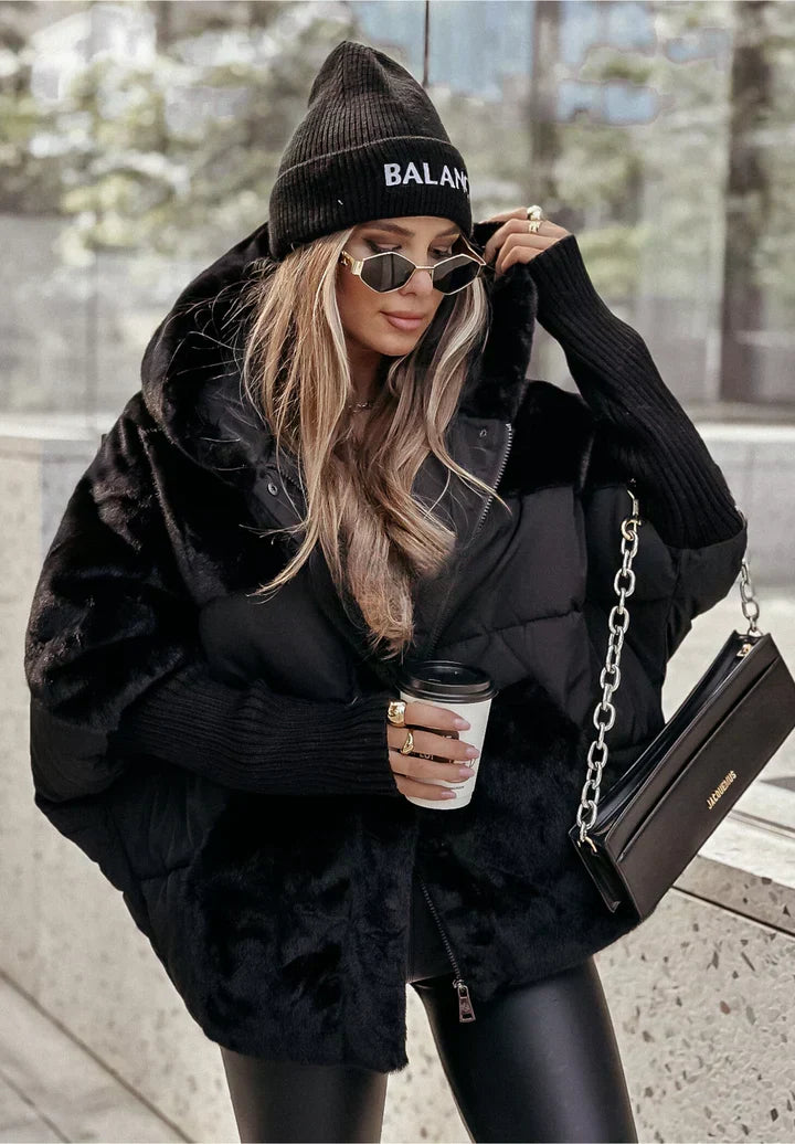 Doudoune oversize femme effet mouton matelassée à capuche - Noir