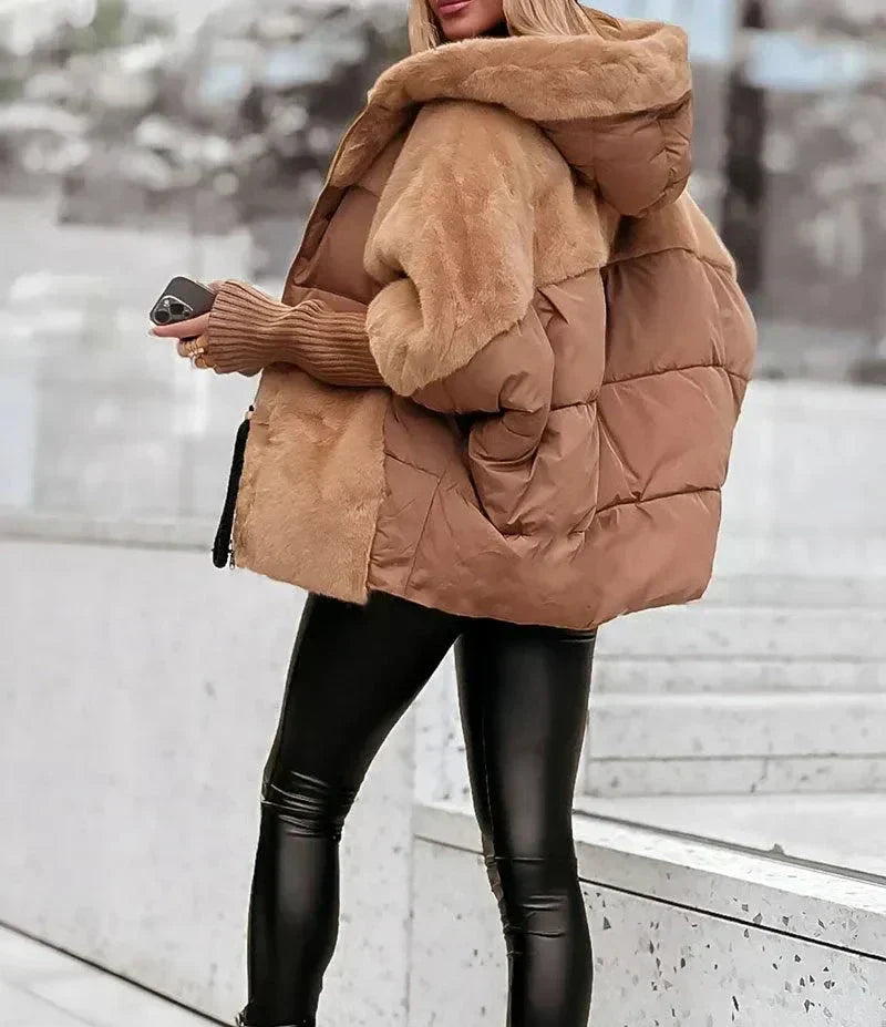 Doudoune oversize femme effet mouton matelassée à capuche