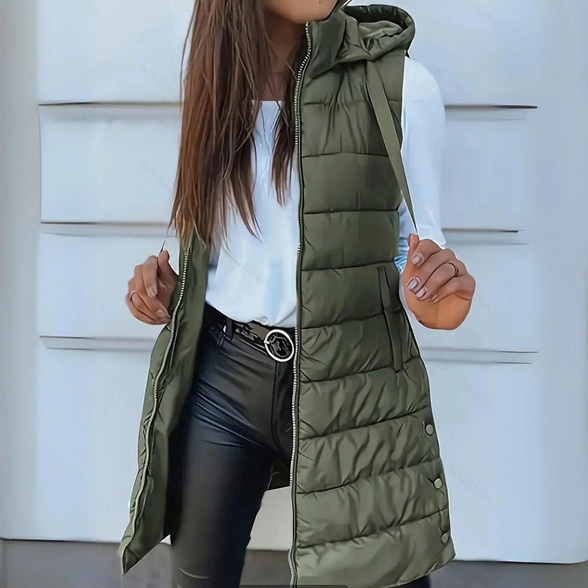 Doudoune sans manches longue à capuche femme - Vert Olive