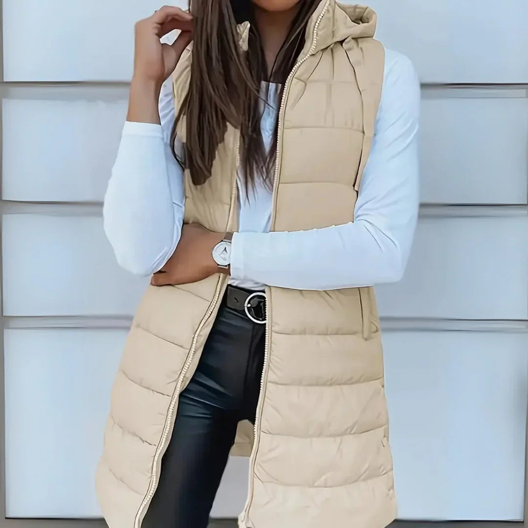 Doudoune sans manches longue à capuche femme - Beige