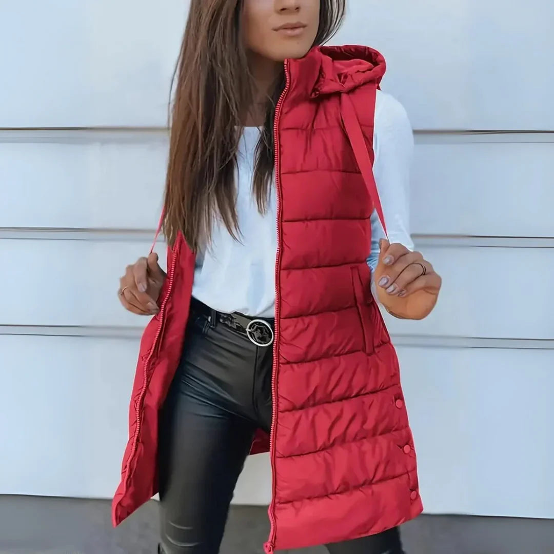 Doudoune sans manches longue à capuche femme - Rouge