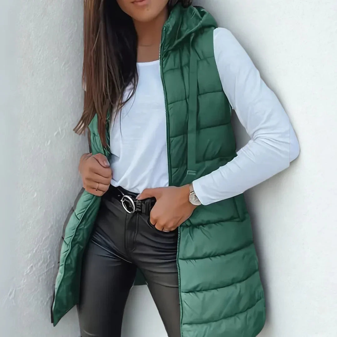 Doudoune sans manches longue à capuche femme - Vert