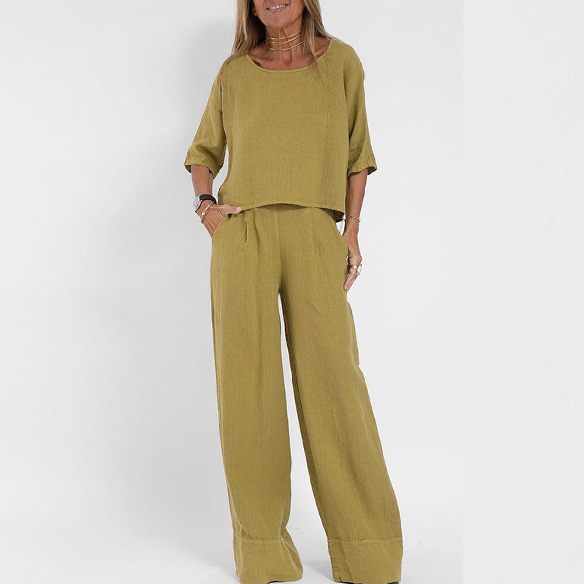 Ensemble 2 pièces femme manches courtes pantalon large col rond