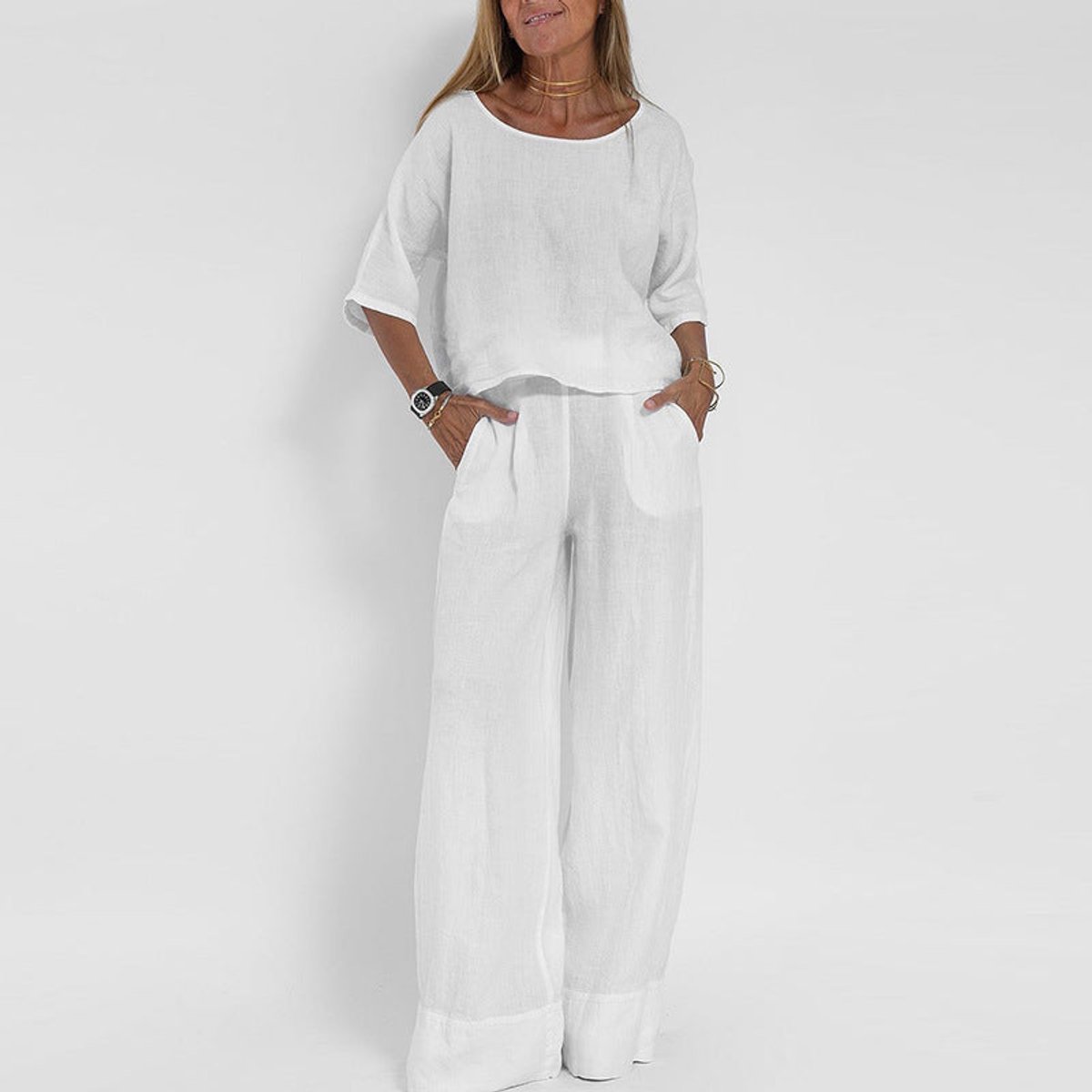 Ensemble 2 pièces femme manches courtes pantalon large col rond