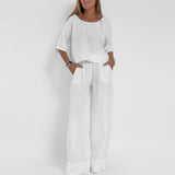 Ensemble 2 pièces femme manches courtes pantalon large col rond