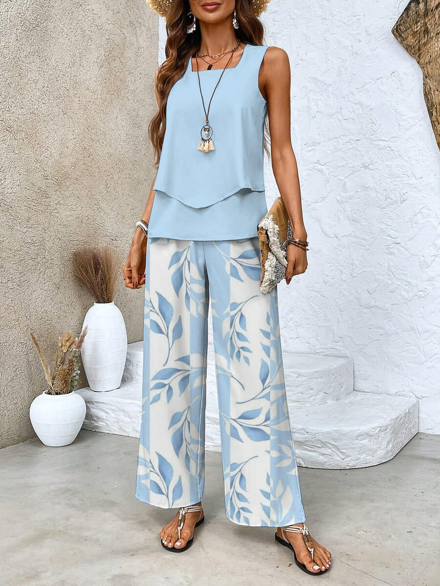 Ensemble deux pièces femme blouse sans manches et pantalon large