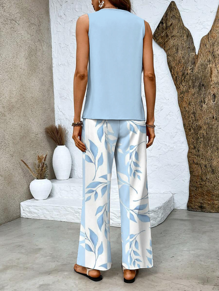 Ensemble deux pièces femme blouse sans manches et pantalon large