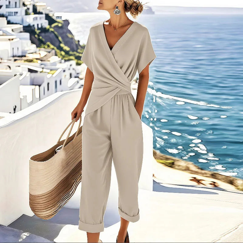 Ensemble deux pièces femme haut cache-cœur et pantalon taille cintrée