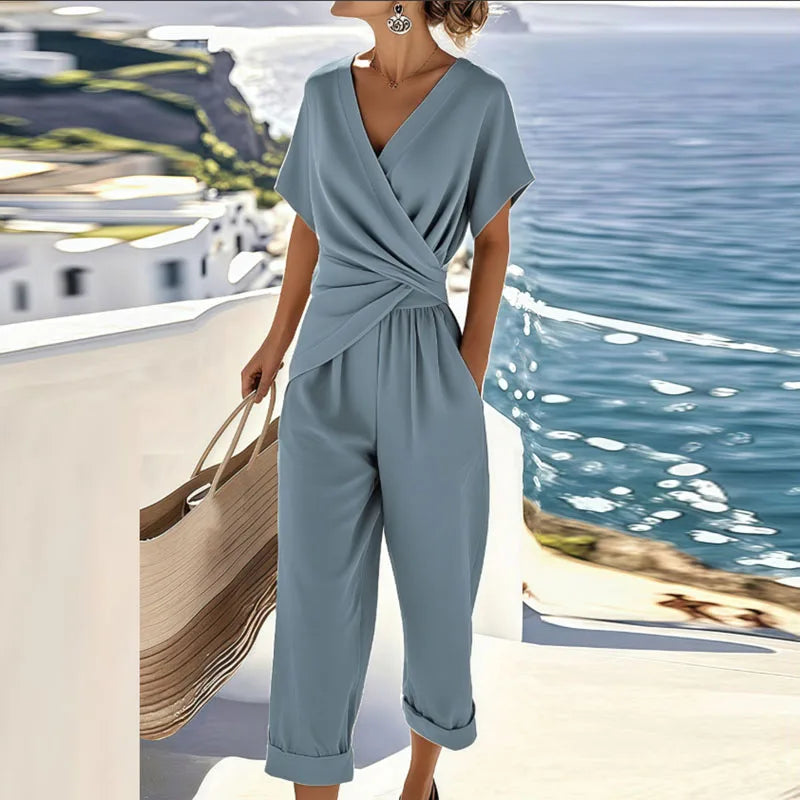 Ensemble deux pièces femme haut cache-cœur et pantalon taille cintrée