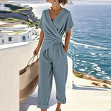 Ensemble deux pièces femme haut cache-cœur et pantalon taille cintrée