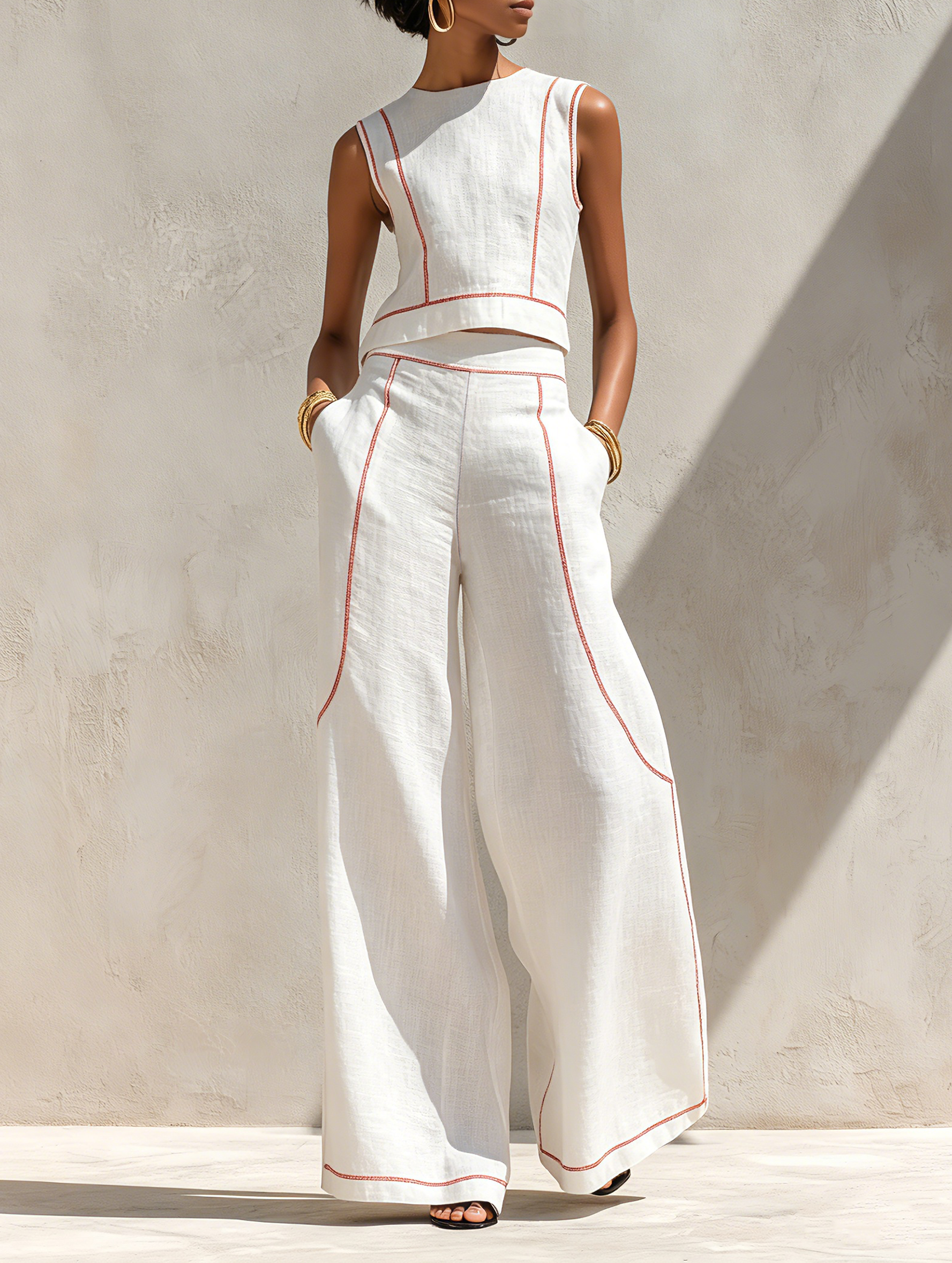 Ensemble deux pièces femme, pantalon large fluide et haut sans manches col rond
