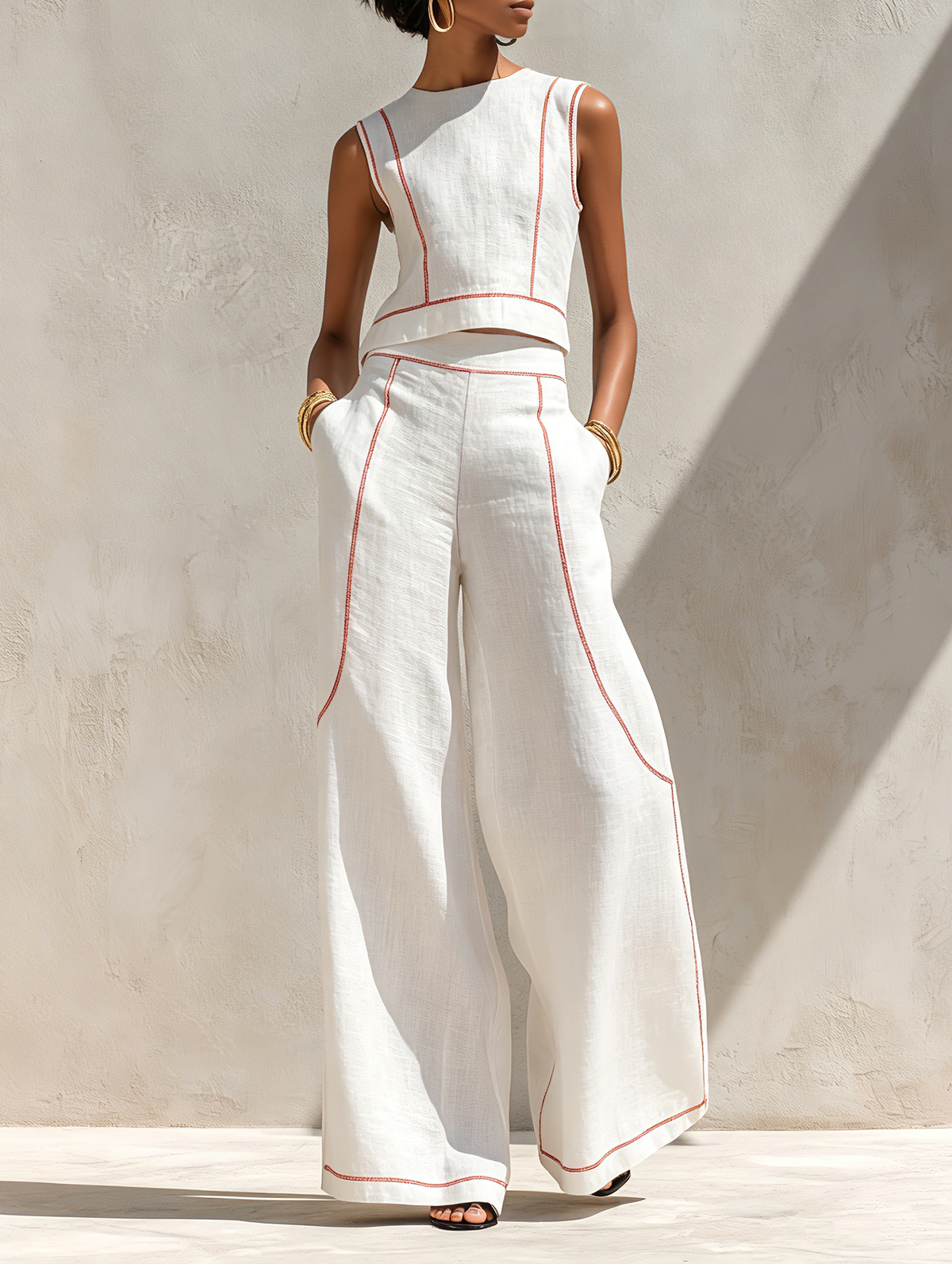 Ensemble deux pièces femme, pantalon large fluide et haut sans manches col rond