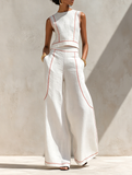 Ensemble deux pièces femme, pantalon large fluide et haut sans manches col rond