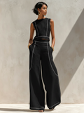 Ensemble deux pièces femme, pantalon large fluide et haut sans manches col rond