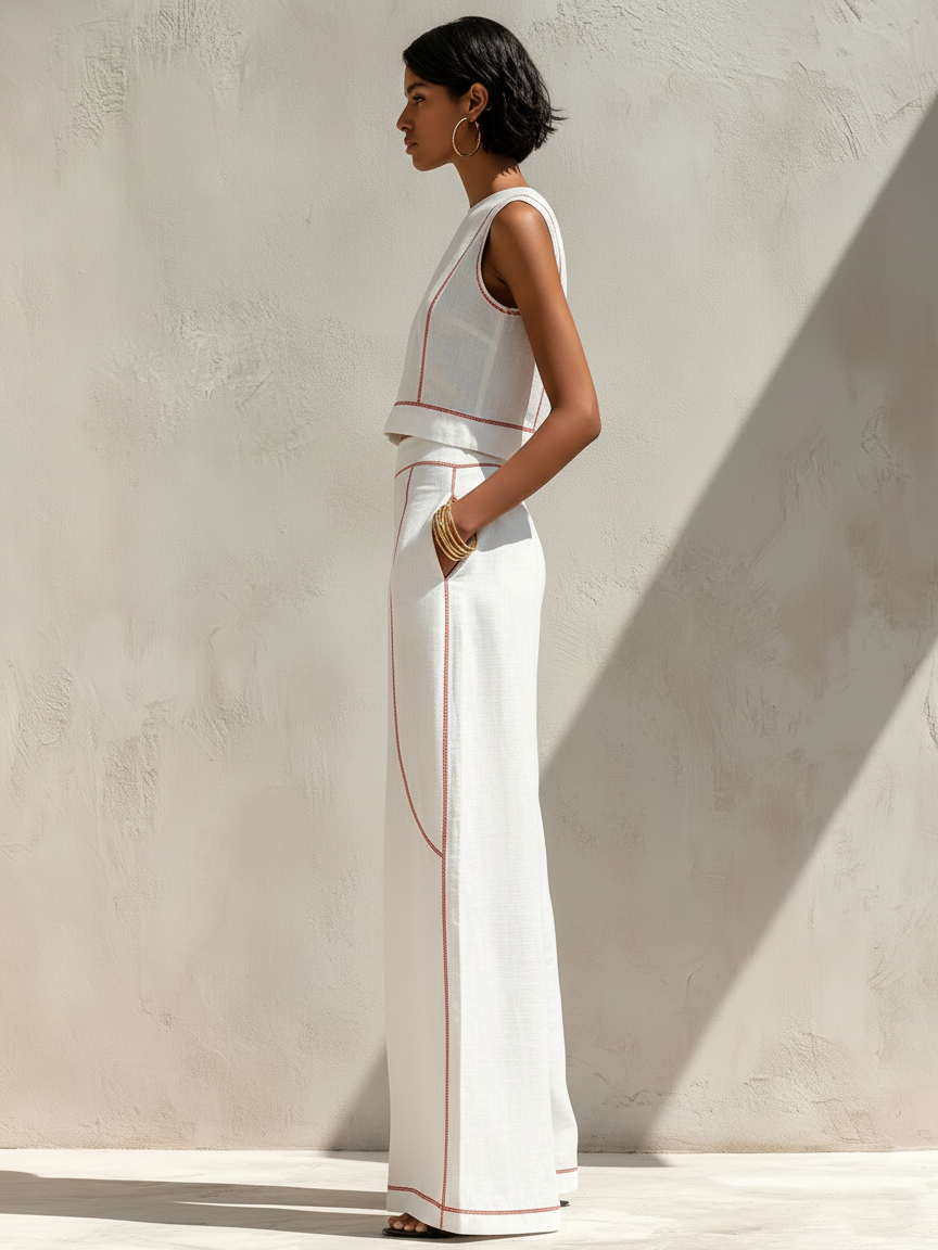 Ensemble deux pièces femme, pantalon large fluide et haut sans manches col rond