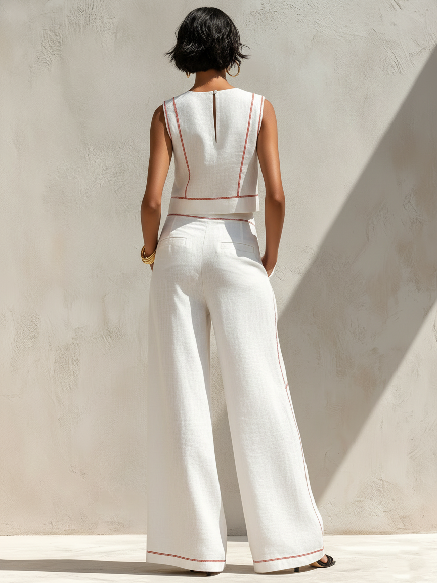 Ensemble deux pièces femme, pantalon large fluide et haut sans manches col rond