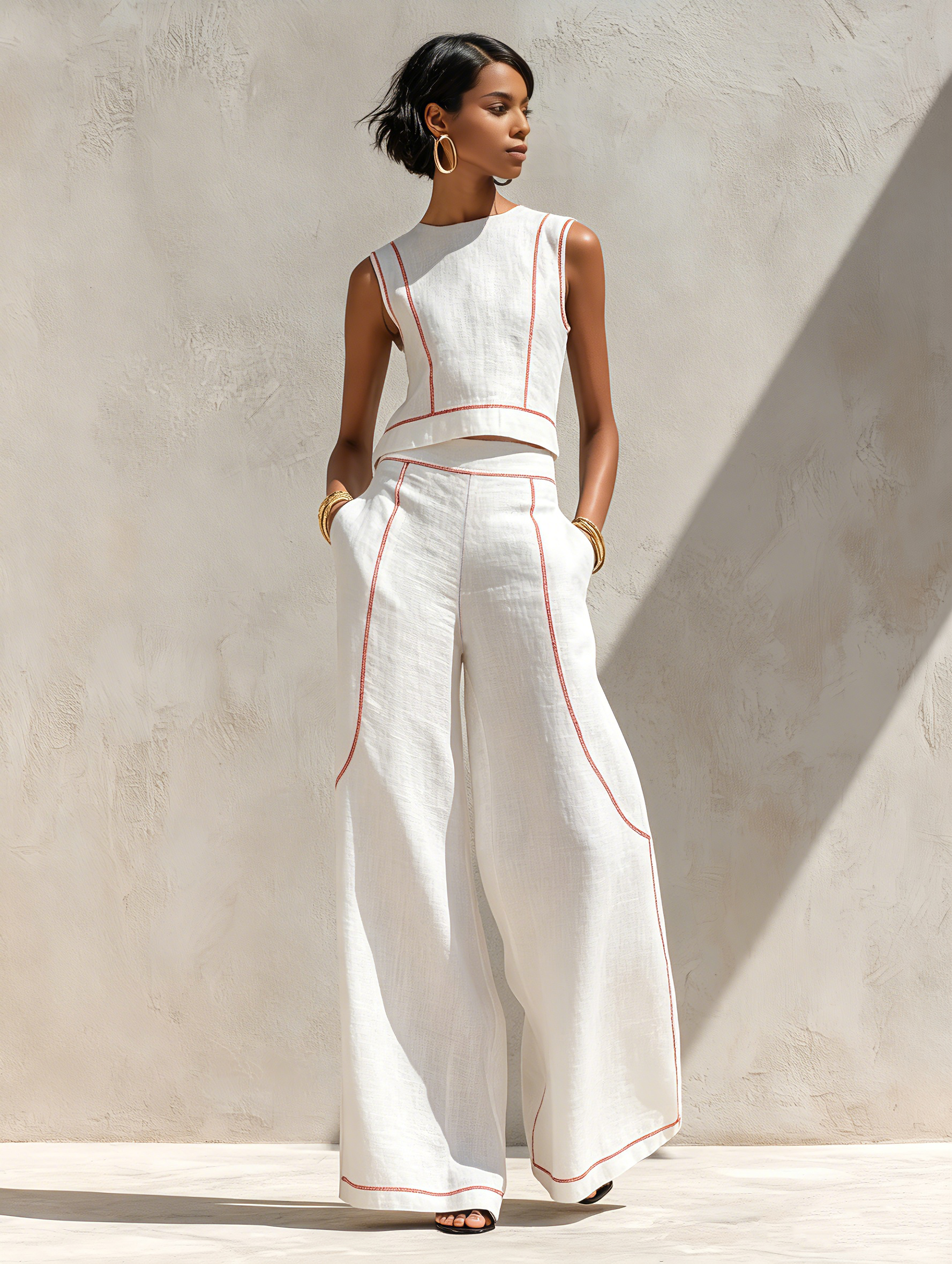 Ensemble deux pièces femme, pantalon large fluide et haut sans manches col rond