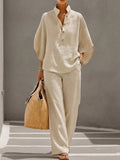 Ensemble femme coton-lin haut ample manches chauve-souris pantalon large