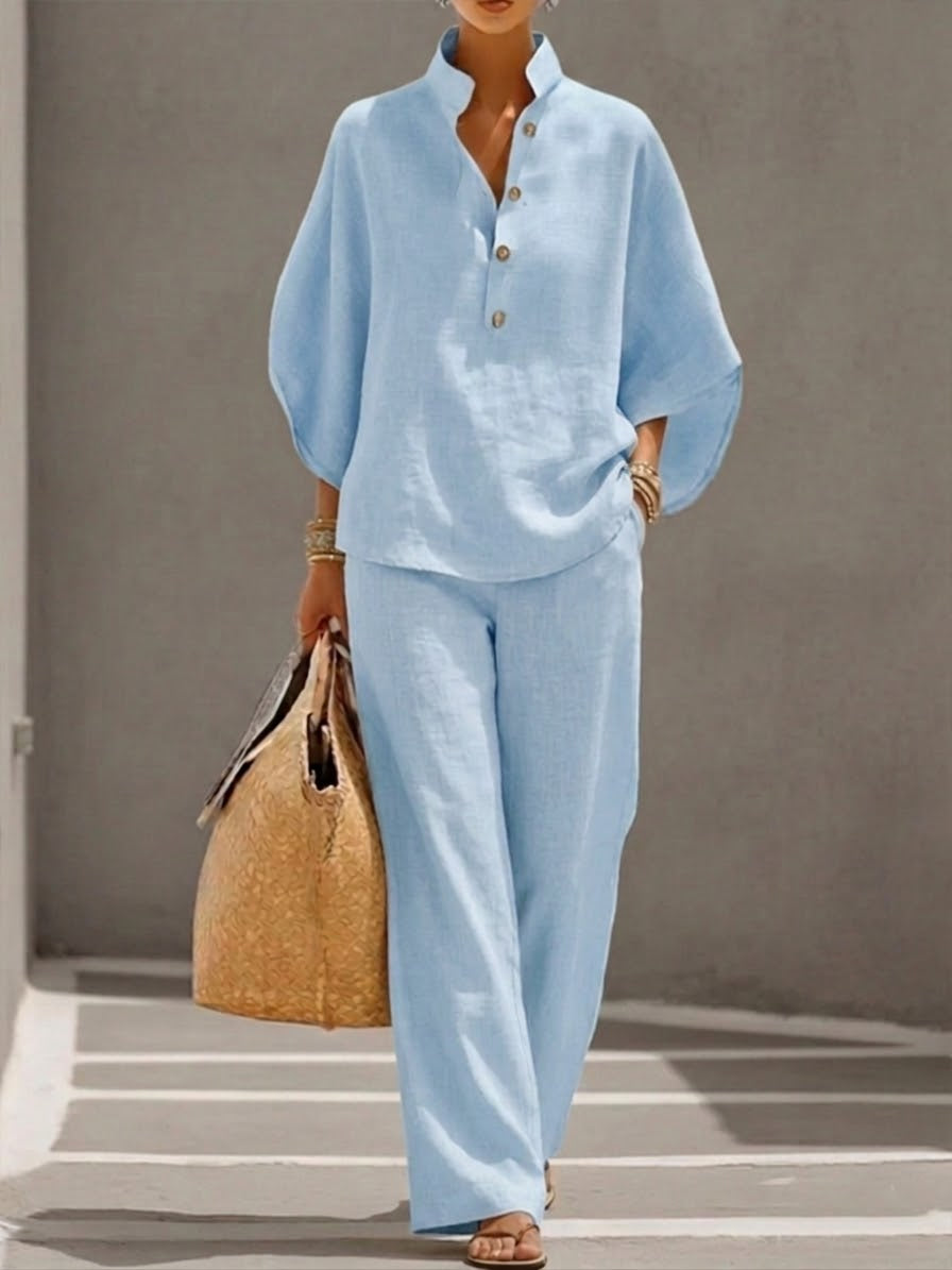 Ensemble femme coton-lin haut ample manches chauve-souris pantalon large