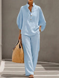 Ensemble femme coton-lin haut ample manches chauve-souris pantalon large