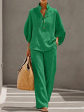 Ensemble femme coton-lin haut ample manches chauve-souris pantalon large