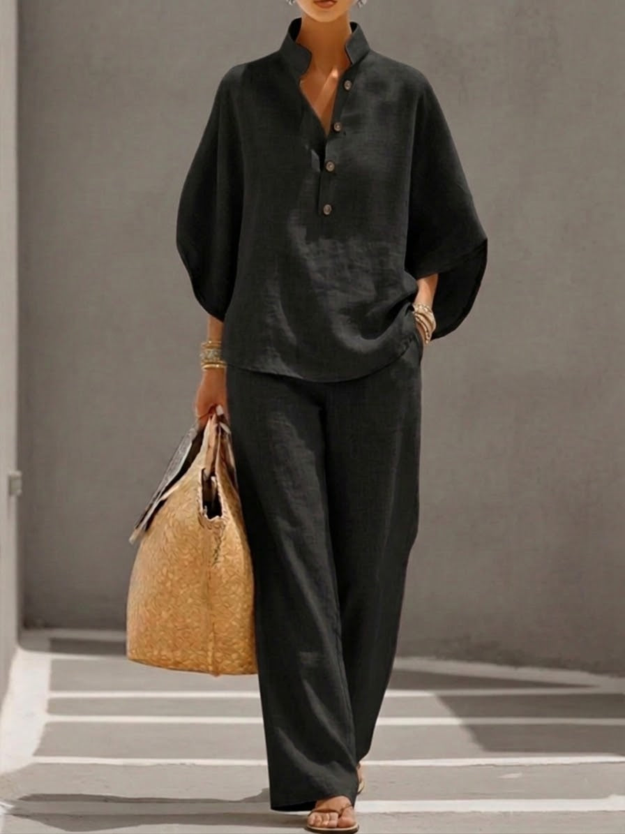 Ensemble femme coton-lin haut ample manches chauve-souris pantalon large