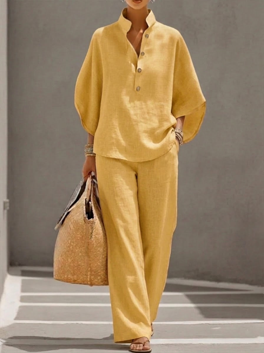 Ensemble femme coton-lin haut ample manches chauve-souris pantalon large