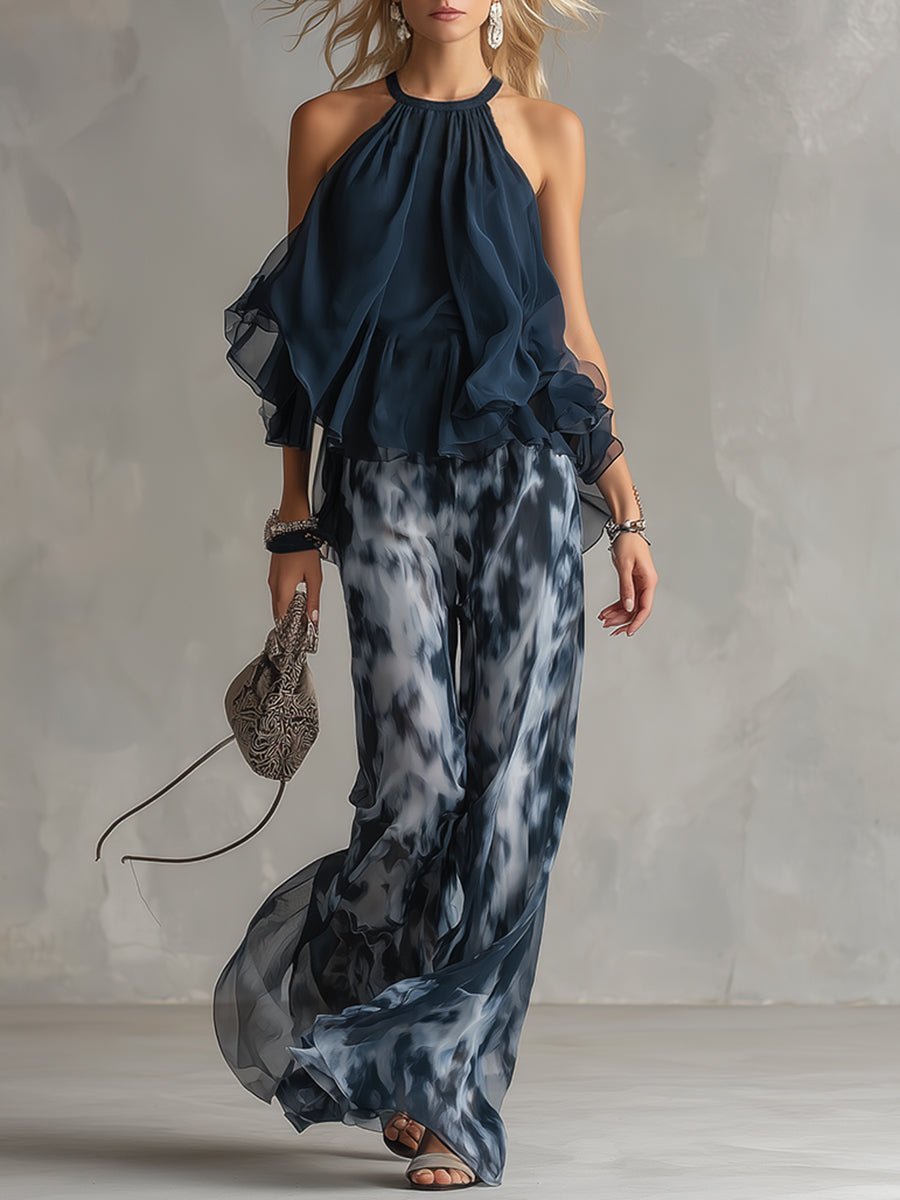 Ensemble femme top col halter et pantalon large tie-dye