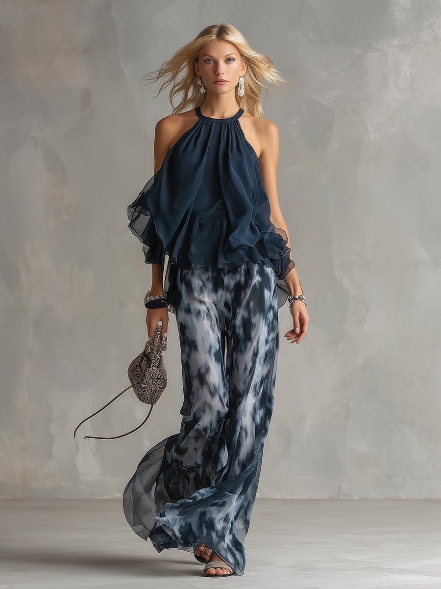 Ensemble femme top col halter et pantalon large tie-dye