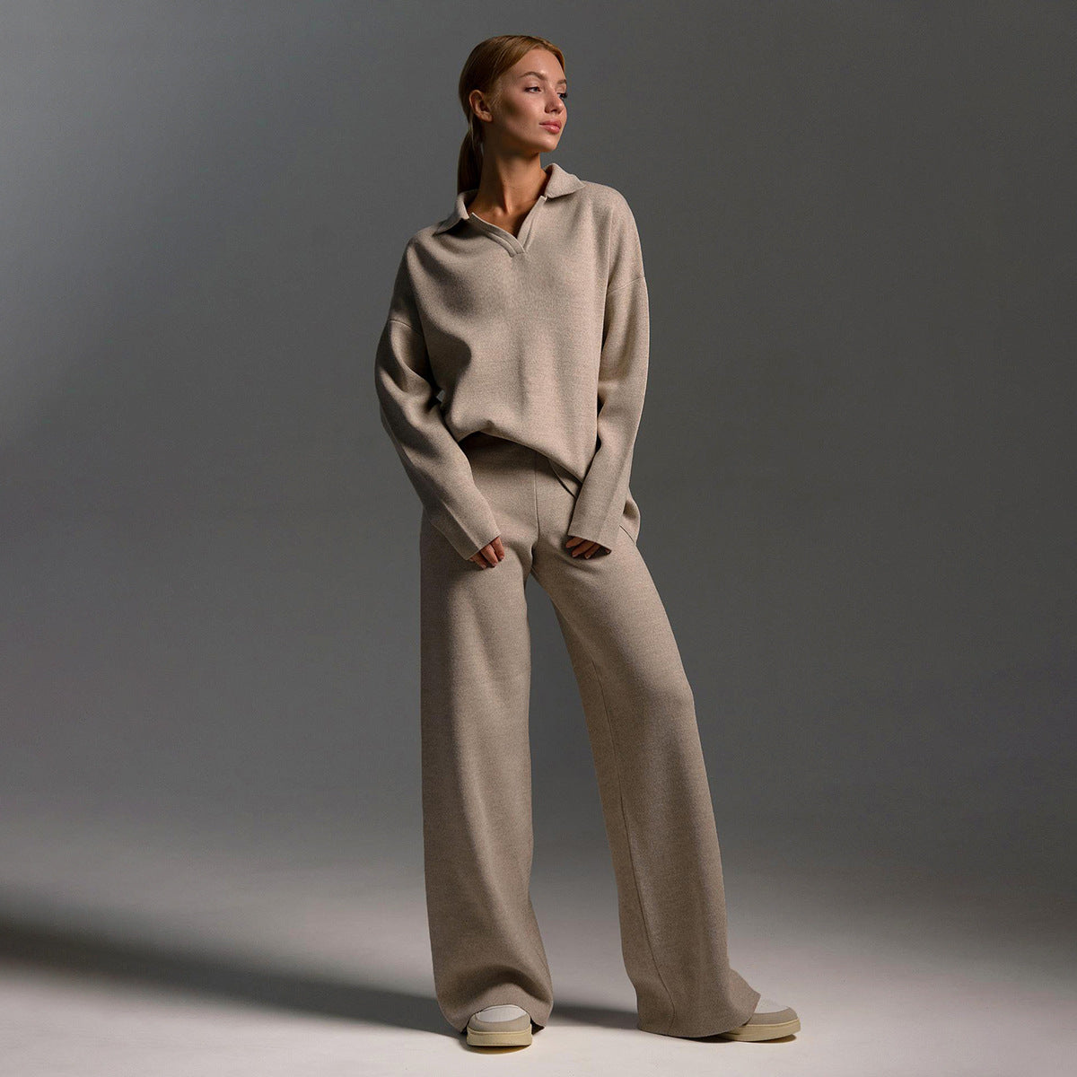 Ensemble Pantalon Large et Pull Polo Oversize Femme
