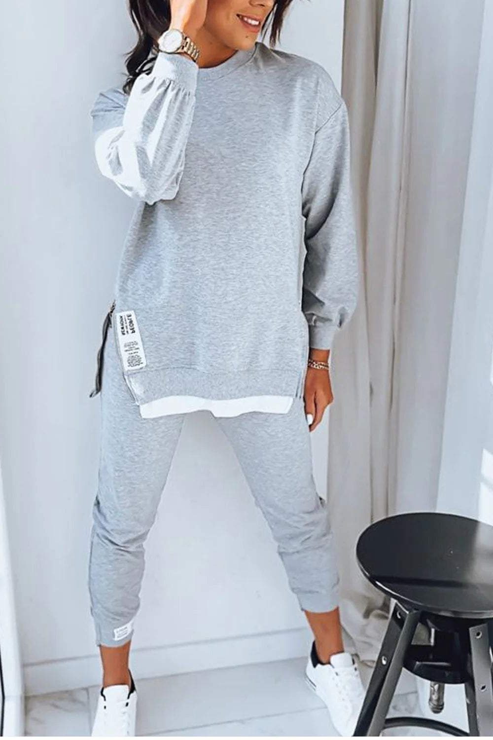Ensemble sweat jogger femme oversize col rond - Gris
