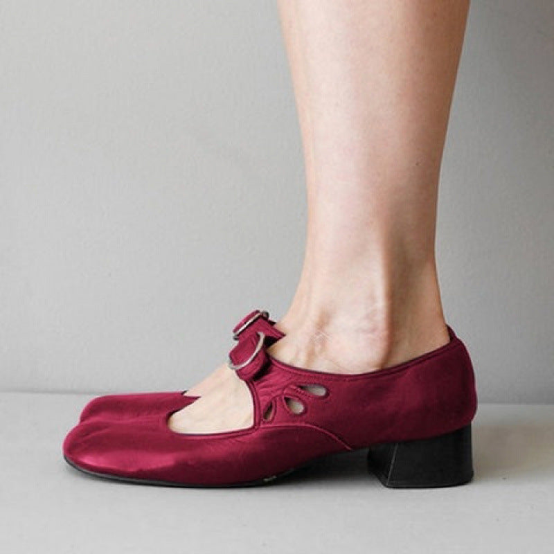 Escarpins Boucle Talon Bas Bride Réglable Femme - Rouge