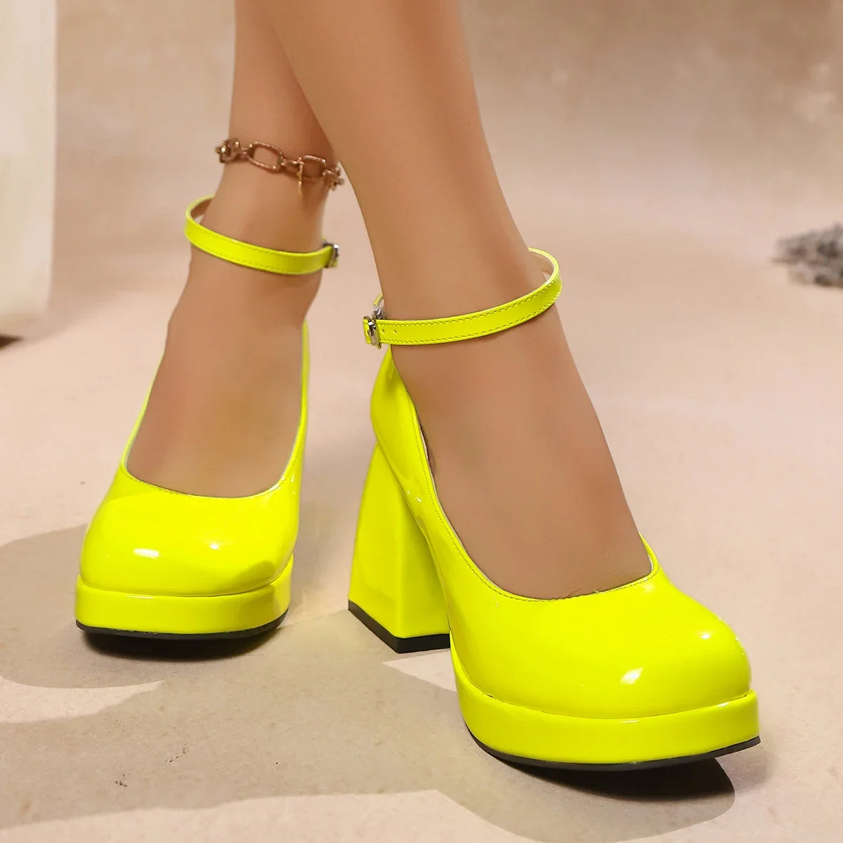 Escarpins cuir femme plateforme bride cheville talon bloc - Neon