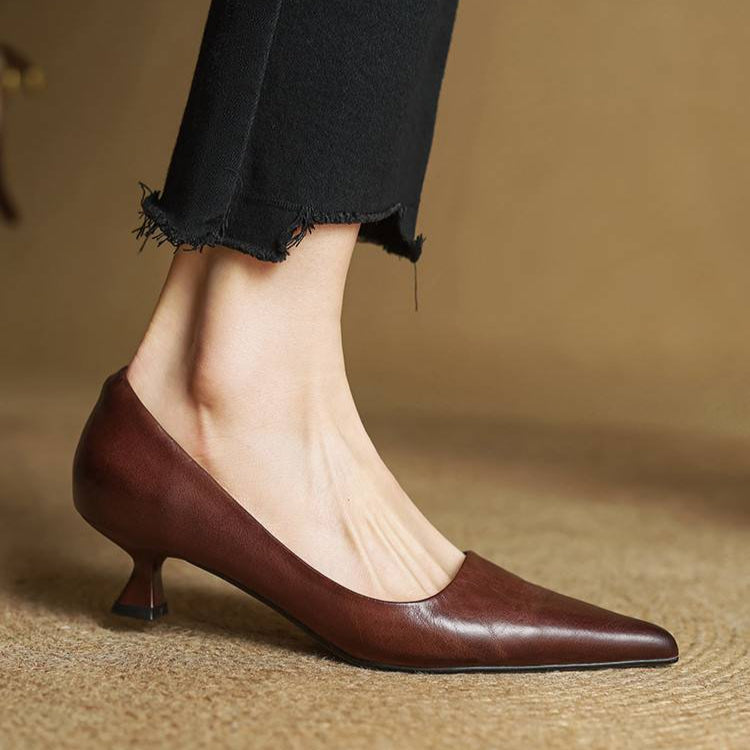 Escarpins cuir talon kitten bout pointu femme - Marron