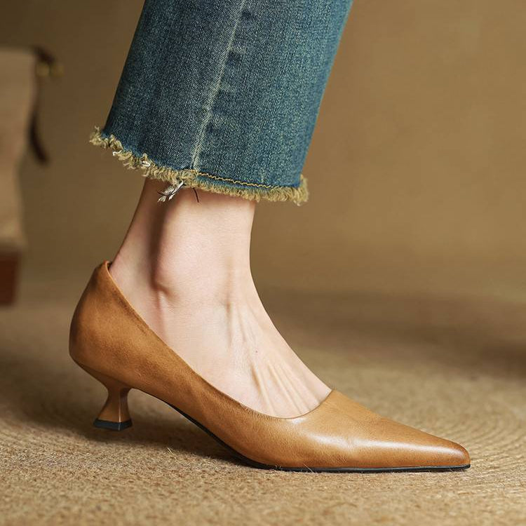Escarpins cuir talon kitten bout pointu femme - Abricot