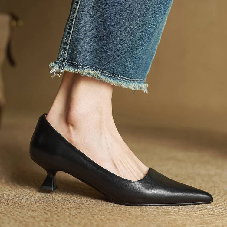 Escarpins cuir talon kitten bout pointu femme - Noir