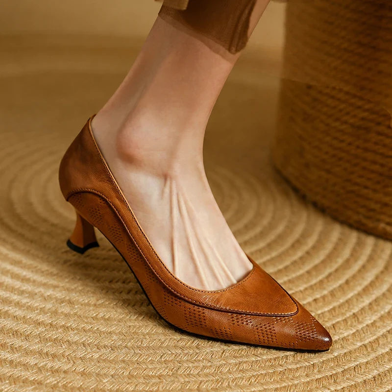 Escarpins Cuir Véritable Femme Bout Pointu Talon Kitten Confort